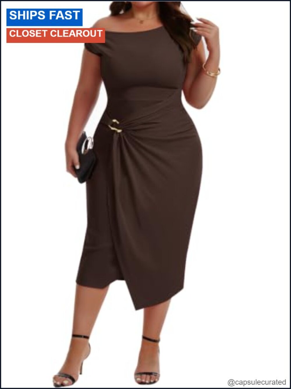 Plus Size Off Shoulder Slimming Midi Dress Asymmetric Neck Formal